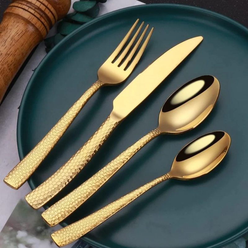 Cherchie Bestekset - 24-delig - Goud - Gehamerd Handvat