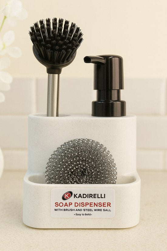 Kadirelli - Design Zeepdispenser Set – Wit/Zwart – Met RVS Borstel & Spons
