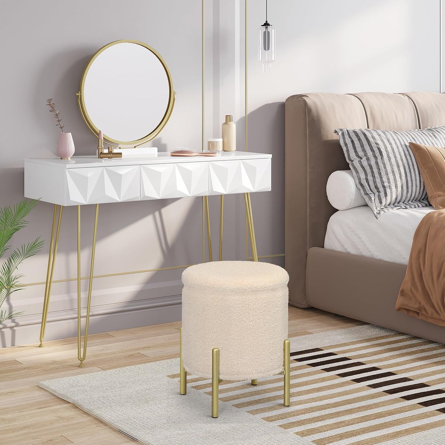 Cherhcie Luxe Ronde Poef – Wit – Met Opbergruimte & Gouden Poten – 30 x 31 cm