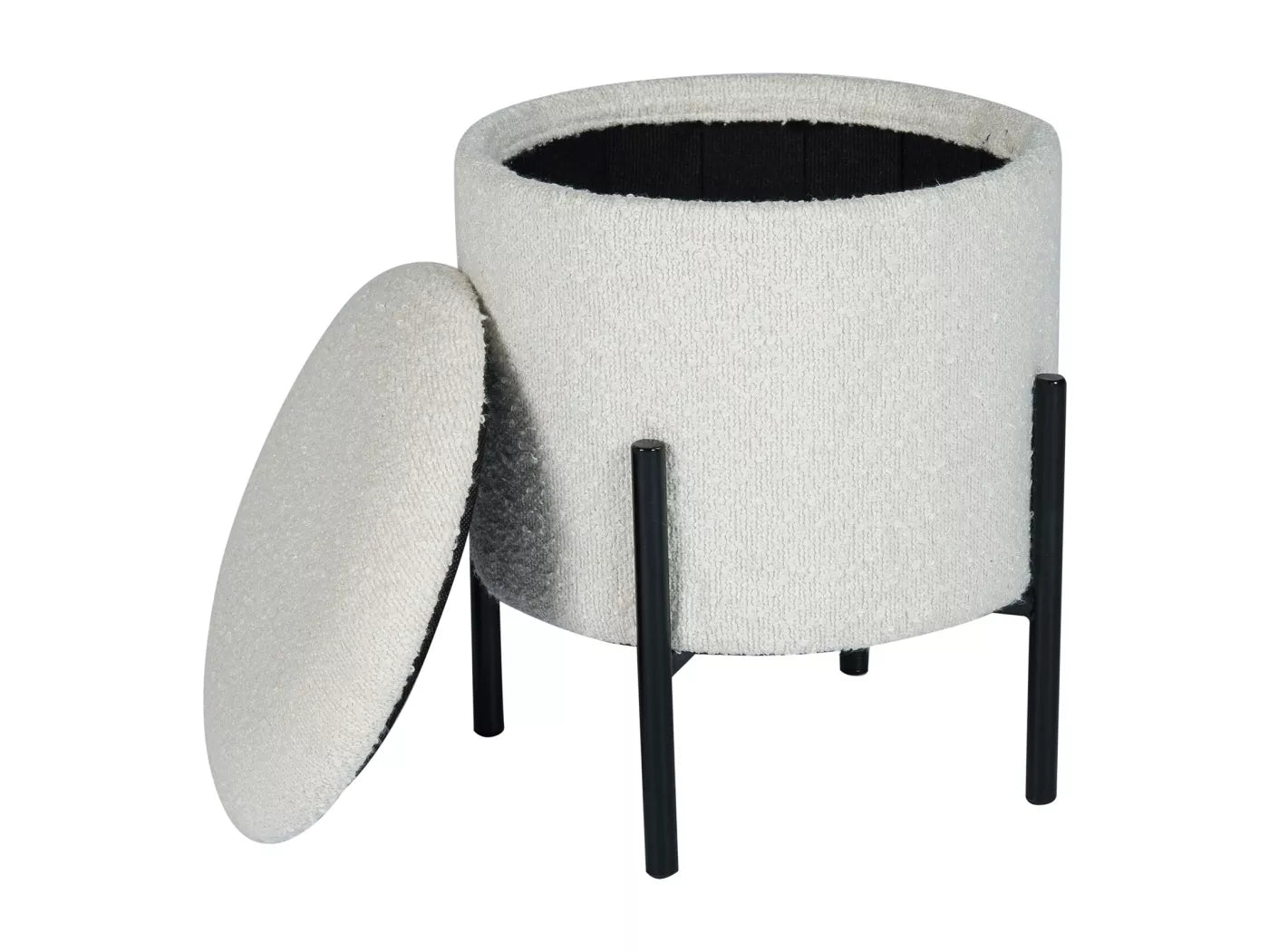 Cherchie - Ronde Poef met Opbergruimte - Wit - Zwarte Poten - 30x31 cm