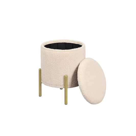 Cherhcie Luxe Ronde Poef – Wit – Met Opbergruimte & Gouden Poten – 30 x 31 cm