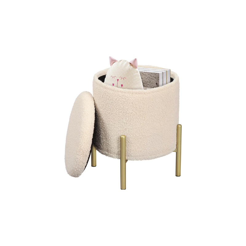Cherhcie Luxe Ronde Poef – Wit – Met Opbergruimte & Gouden Poten – 30 x 31 cm