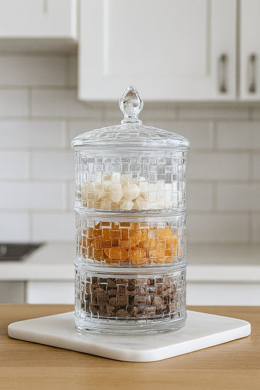 Kadirelli Glazen Voorraadpot – 3-Laags Stapelbare Opbergpot met Deksel – Luxe Bewaarpot voor Keuken en Tafel