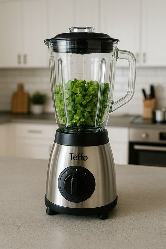 Teffo Blender – 1,5L – 500W – RVS – 2 Snelheden + Pulsfunctie – Inclusief Glazen Mengbeker