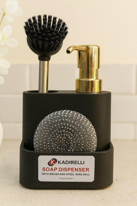 Kadirelli - Luxe Keuken Zeepdispenser Set – Goud/Zwart – Inclusief Borstel en Spons
