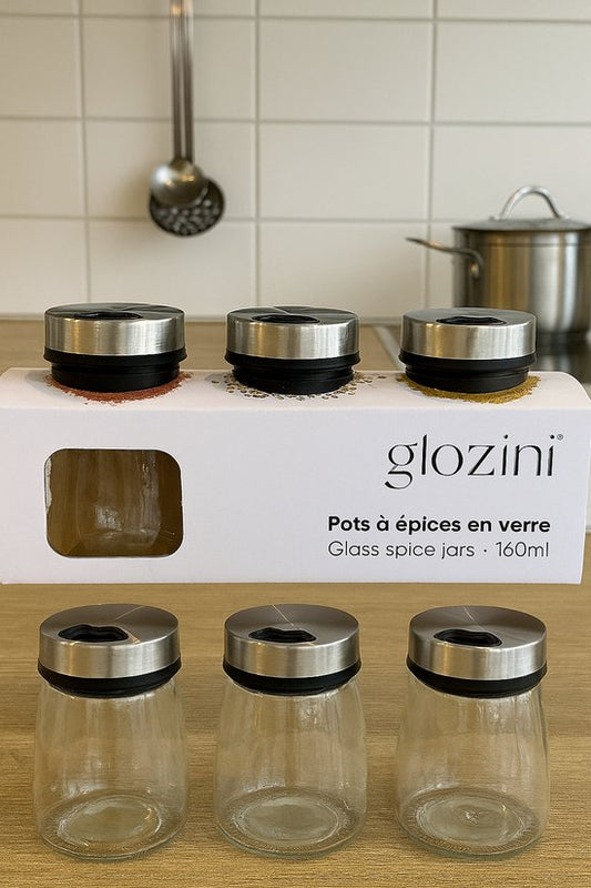 Glozini Glazen Kruidenpotjes Set – 3-delig | 160 ml met RVS Draaideksel | Specerijen Bewaarpotjes