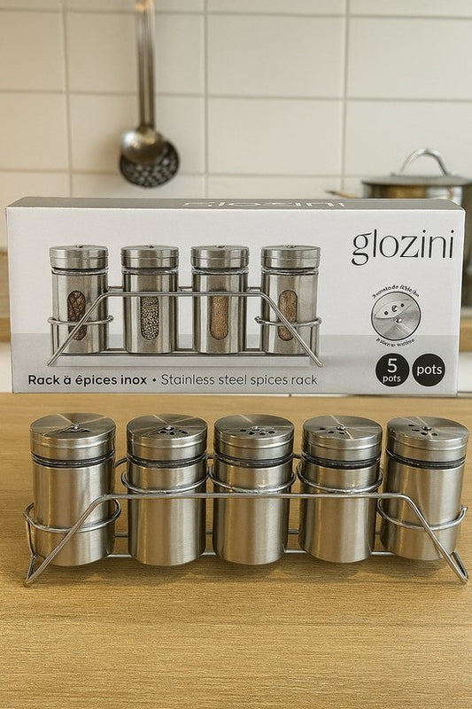 Glozini RVS Kruidenrek – 5-delige Kruidenpotjes Set met Draaideksel | Inclusief Roestvrijstalen Houder