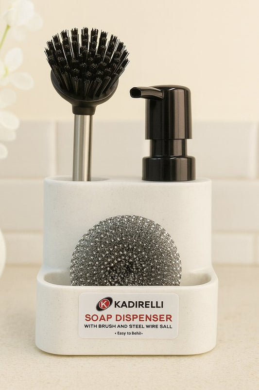 Kadirelli - Design Zeepdispenser Set – Wit/Zwart – Met RVS Borstel & Spons