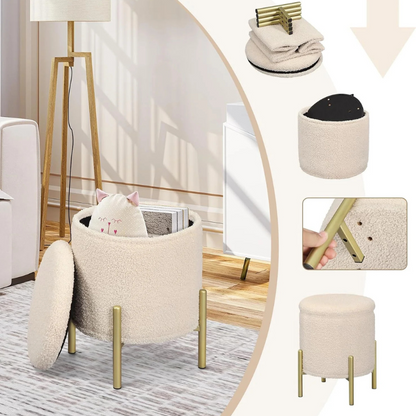 Cherhcie Luxe Ronde Poef – Wit – Met Opbergruimte & Gouden Poten – 30 x 31 cm